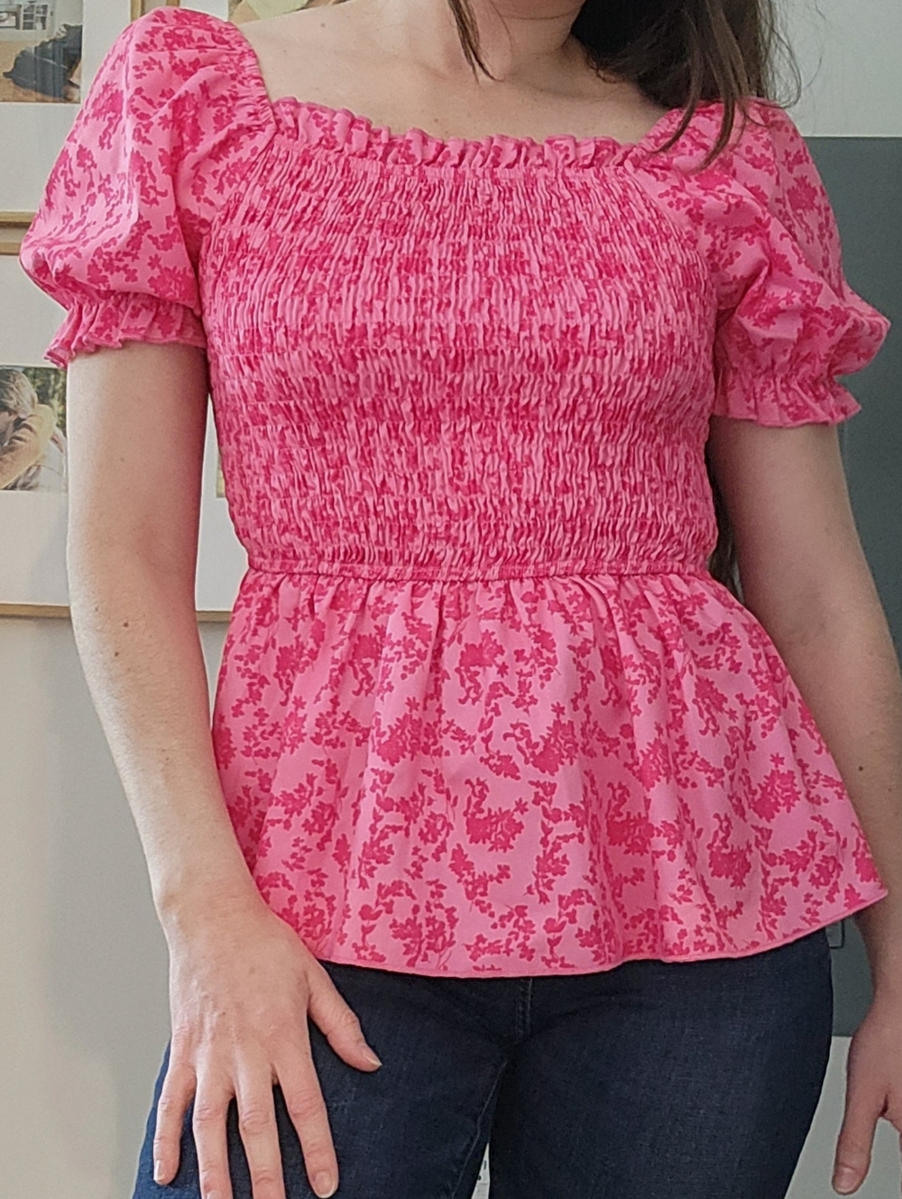 Pink Floral Smocked Puff Sleeve Peplum Top Coquette Cottagecore Babydoll Blouse
